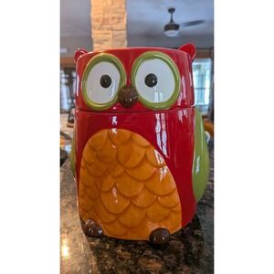 Red Ceramic Owl Cookie Jar Lid Storage Container Whimsical Kitchen Decor